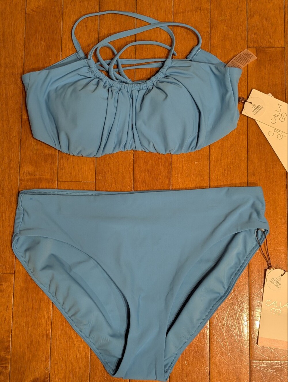 NWT CALIA Scrunched Tie Back Bikini Top & Mid Rise Bottom TRANQUIL BLUE SZ SMALL